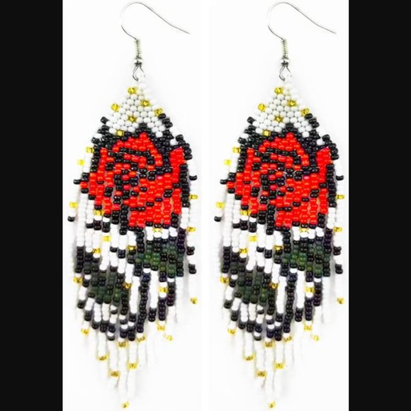 Long 4.5" Handmade Beaded Rose Earrings Large Roses Beads Handcrafted Floral - Picture 4 of 5